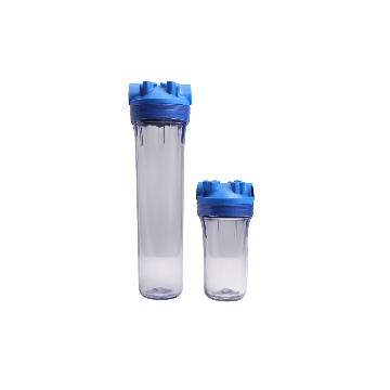 Transparant Plastic Kaarsenfilterhuis gemaakt van styreen acrylonitrile (clear), geschikt voor toepassingen in water, chemie, semiconductor, olie en gas, verf, hars en coating. Het filterhuis heeft een drukklasse van 8.6 bar en kan worden aangesloten met 
